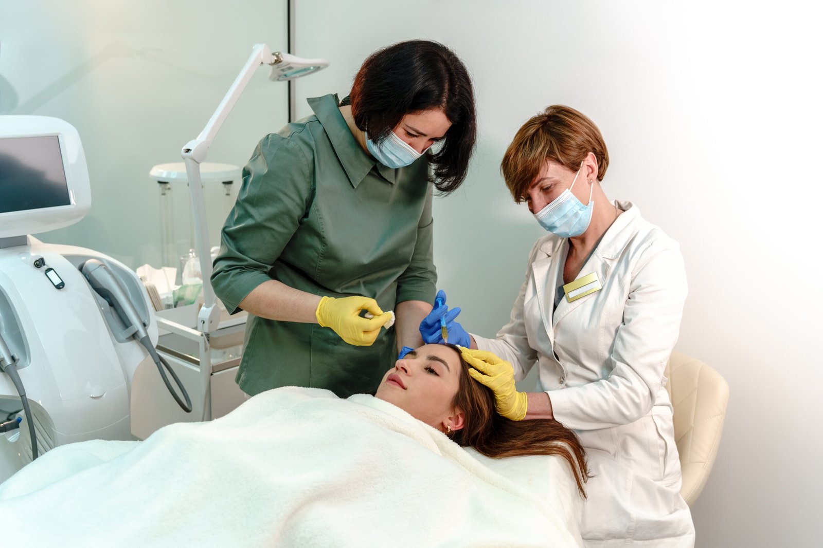 Two aesthetic professionals carefully administer a mesotherapy injection for hair growth on a young woman forehead in a clinical setting, ensuring precision and comfort